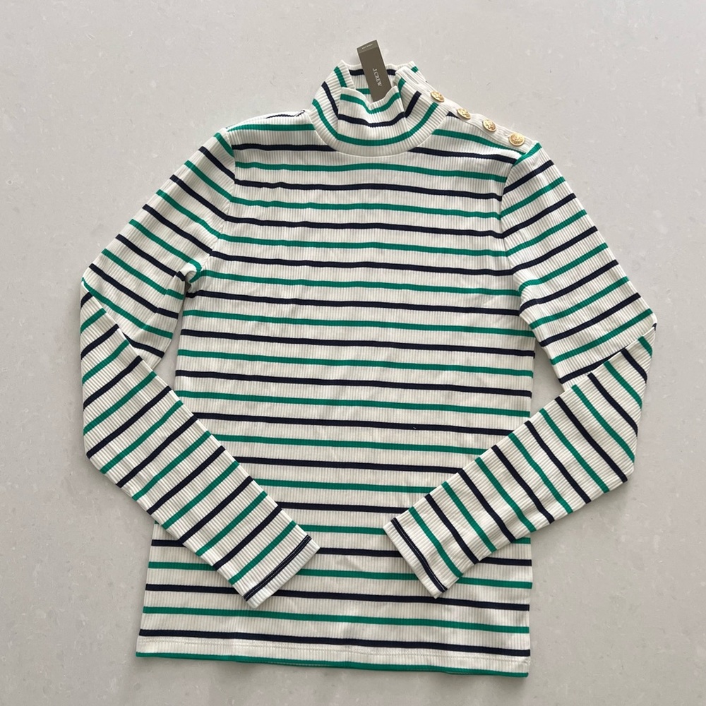 J crew blue and green striped ribbed turtleneck - size M